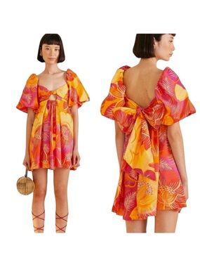 FARM Rio Puff Sleeve Cutout Dress NWT Size Large in Summer Garden Ombre